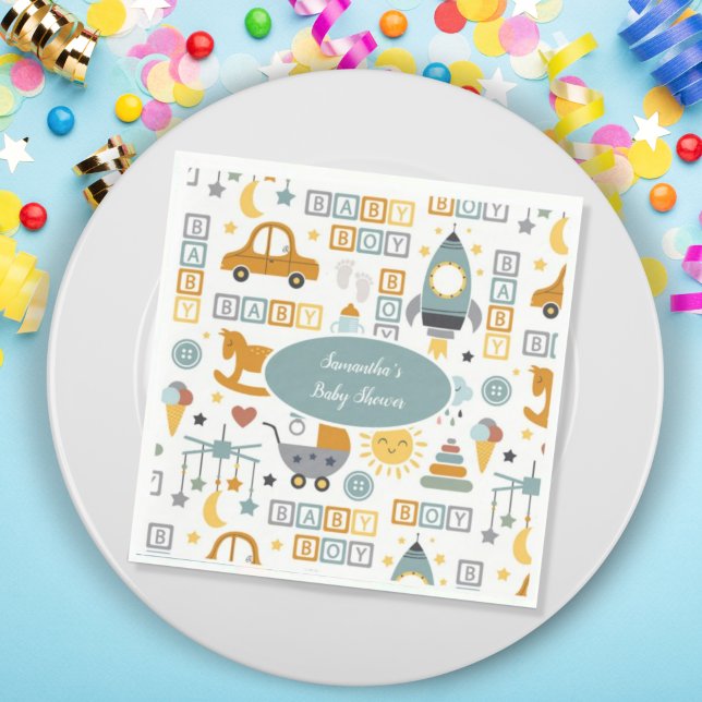 Cute Car Toy Pattern Boy Teal Baby Shower Napkin (Creator Uploaded)