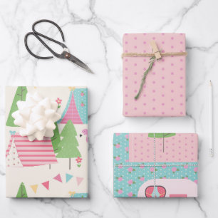Cute caravans tents and trees Glamping Wrapping Paper Sheet