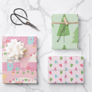Cute caravans trees and heart patterned wrapping paper sheet