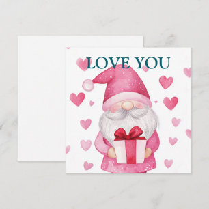 cute card with a cartoon pink gnome in love