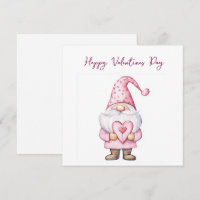 cute card with a cartoon pink gnome in love