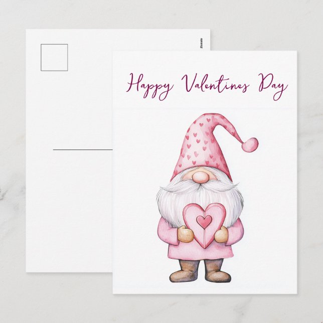 cute card with a cartoon pink gnome in love  (Front/Back)