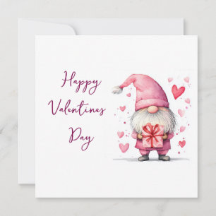 cute card with a cartoon pink gnome in love