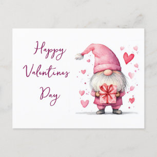 cute card with a cartoon pink gnome in love