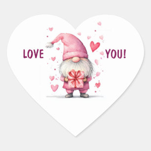 cute card with a cartoon pink gnome in love heart sticker