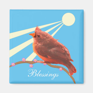 Cute Cardinal Bird on Light Blue Magnet