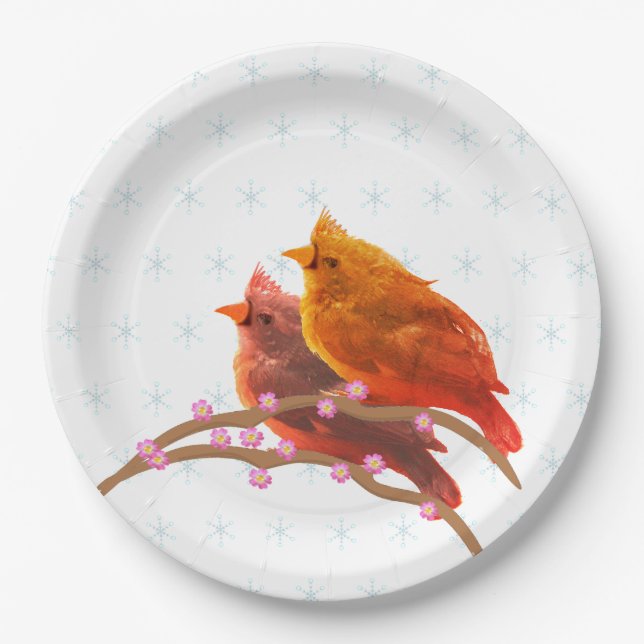 Cute Cardinal Birds and Snowflakes Paper Plate (Front)