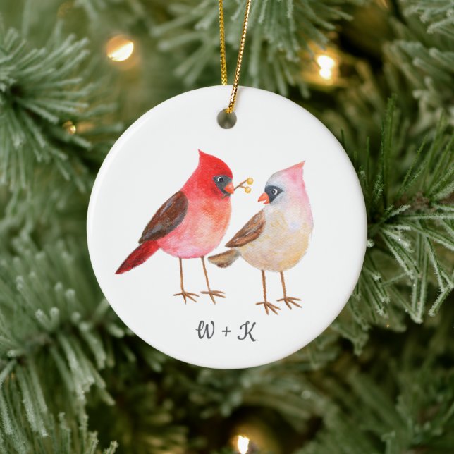 Cute Cardinal Giving Gifts Couple Custom Christmas Ceramic Tree Decoration (Tree)