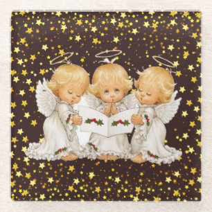 Cute Caroling Angels Glass Coaster