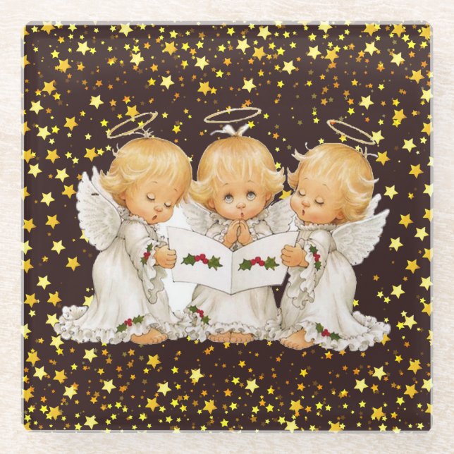 Cute Caroling Angels Glass Coaster (Front)