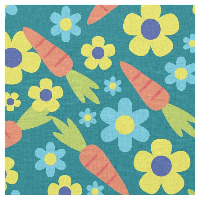 Cute Carrots and Flowers Spring Easter Fabric (Close Up)