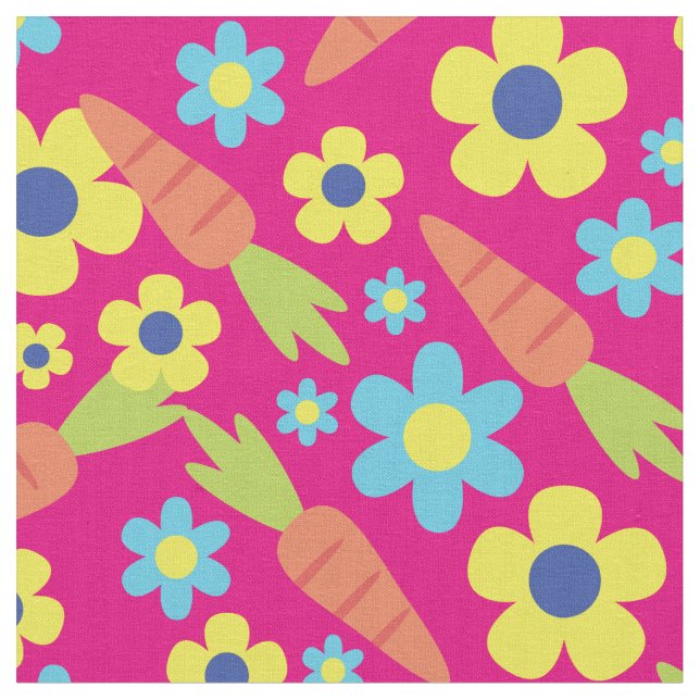 Cute Carrots and Flowers Spring Easter Fabric (Close Up)