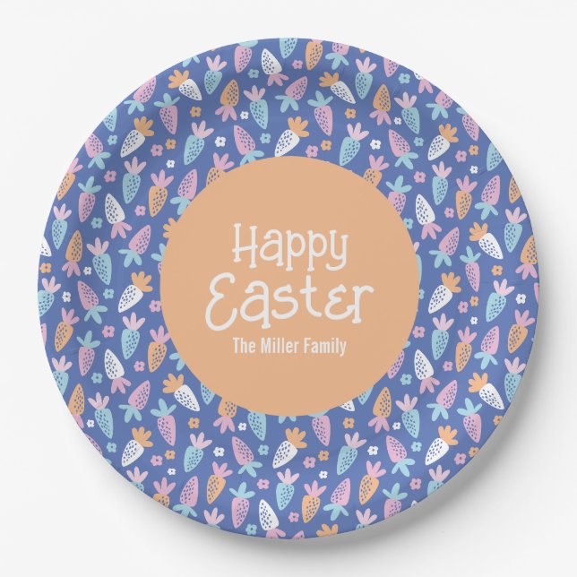 Cute carrots with happy easter text and name paper plate (Front)