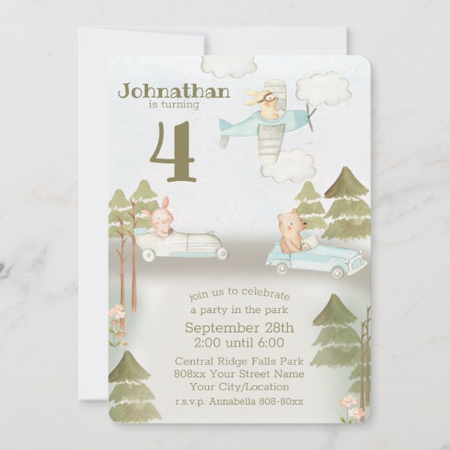Cute Cars and Plane Animals Party in the Park Invitation (Front)