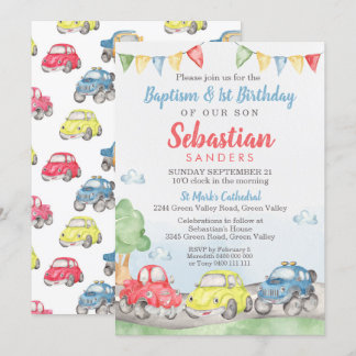 Cute Cars Baptism 1st Birthday Invitation