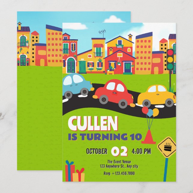 Cute cars birthday invitation (Front/Back)
