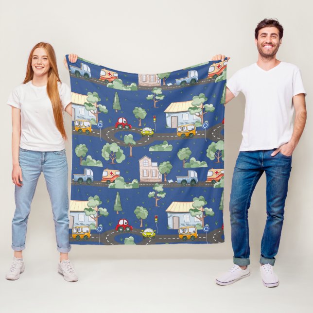 Cute Cars in Town Pattern for Little Boys Blue Fleece Blanket (In Situ)