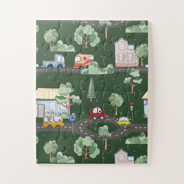 Cute Cars in Town Pattern for Little Boys Green Jigsaw Puzzle (Vertical)