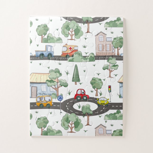 Cute Cars in Town Pattern for Little Boys Jigsaw Puzzle (Vertical)