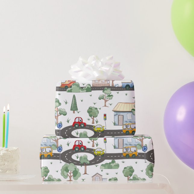 Cute Cars in Town Pattern for Little Boys Wrapping Paper (Party Gifts)