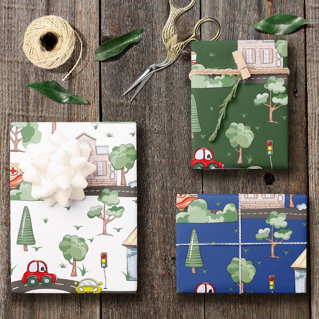 Cute Cars in Town Pattern for Little Boys Wrapping Paper Sheet (Creator Uploaded)