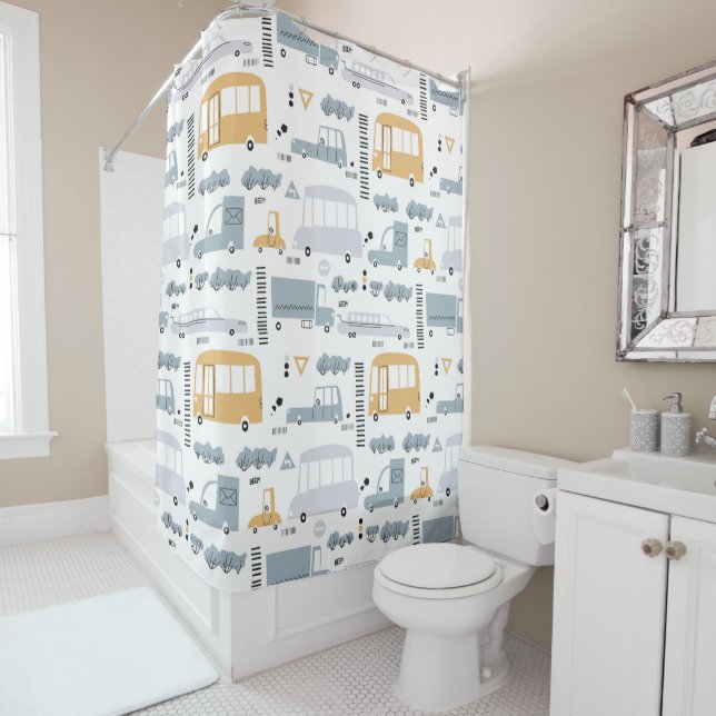Cute Cars in Traffic Pattern Shower Curtain (In Situ)