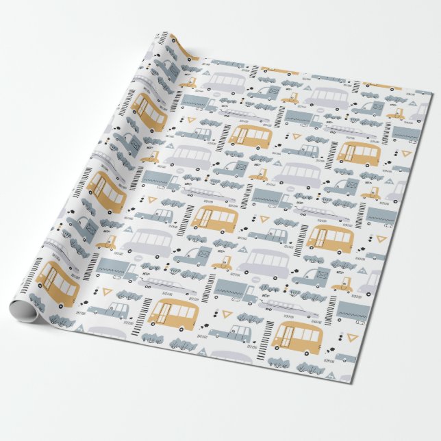 Cute Cars in Traffic Pattern Wrapping Paper (Unrolled)