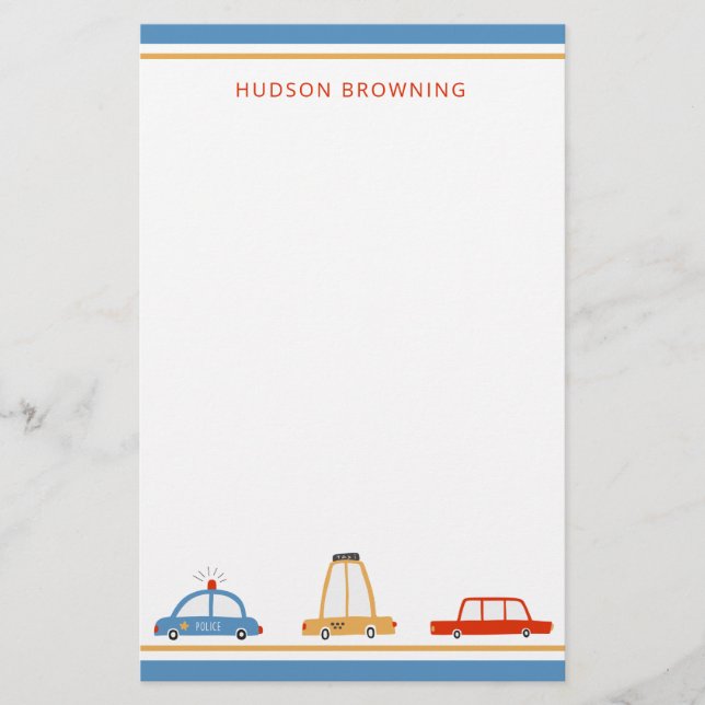 Cute Cars Personalised Stationery Sheets (Front)