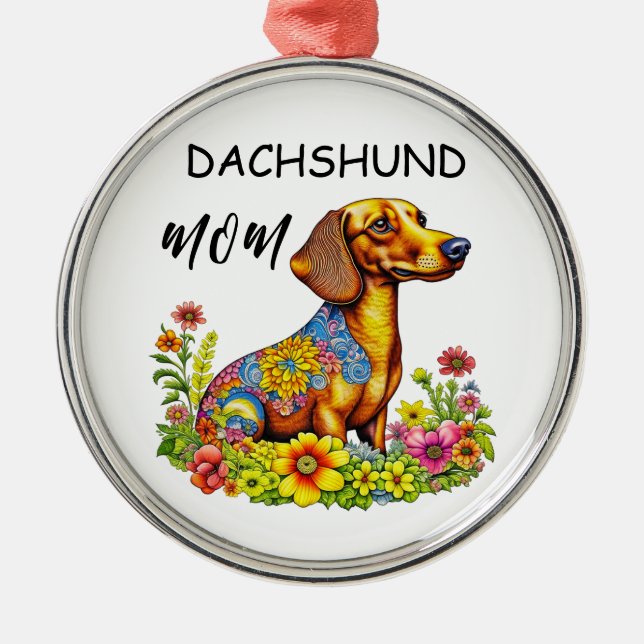 Cute Cartoon AI Dachshund Mum Metal Tree Decoration (Front)