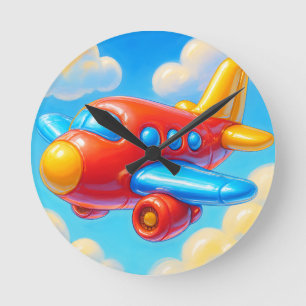Cute Cartoon Airplane Round Clock