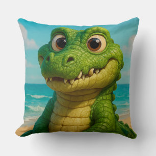 Cute Cartoon Alligator Smiling on a Tropical Beach Cushion