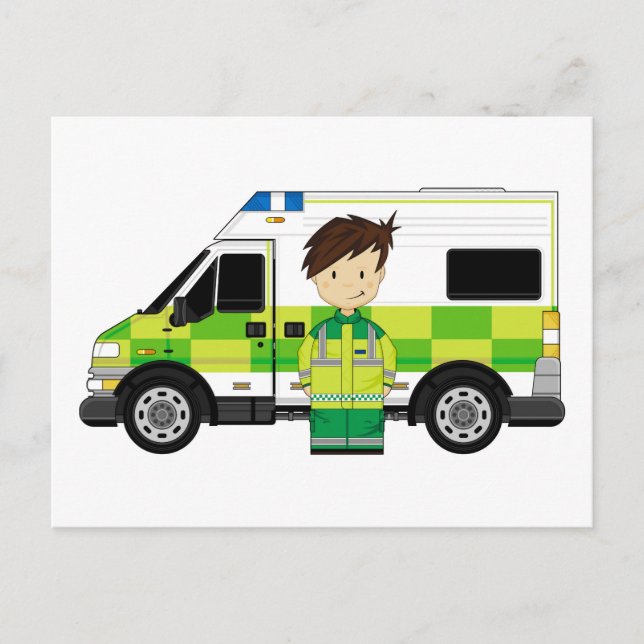 Cute Cartoon Ambulance and EMT Postcard (Front)