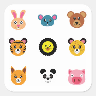 Cute cartoon animal faces square sticker
