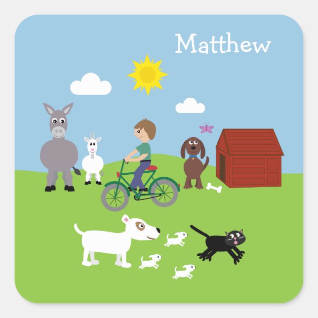 Cute Cartoon Animals & Boy Riding Bike Stickers (Front)