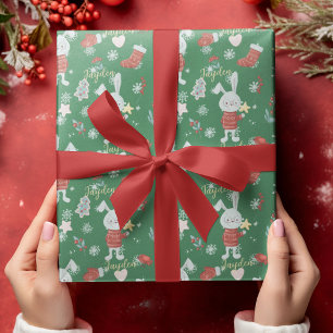 Cute Cartoon Animals Bunny Green Red Custom Wrapping Paper