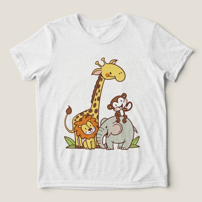 Cute Cartoon Animals – Giraffe, Lion & Monkey Tri-Blend Shirt (Design Front)