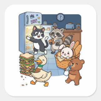 Cute cartoon animals stealing food from a kitchen square sticker