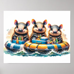 Cute Cartoon Armadillos Having Fun Tubing On River Poster
