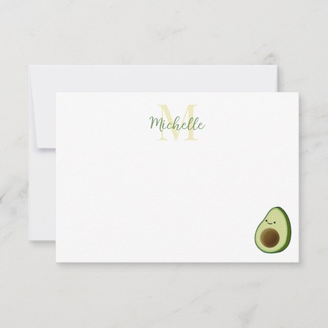 Cute Cartoon Avocado Editable Monogram Card (Front)