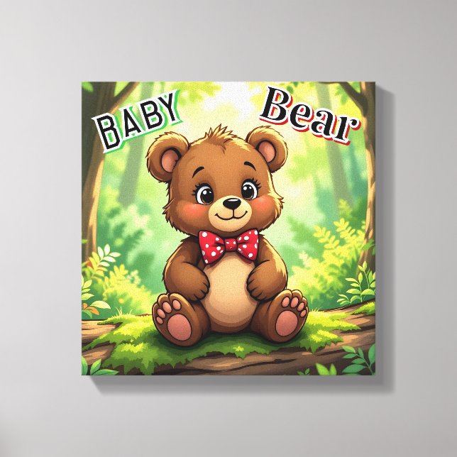 Cute Cartoon Baby Bear in Woods Canvas Print (Front)