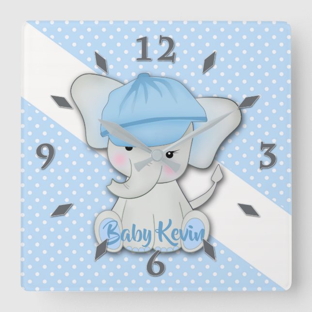 Cute cartoon baby elephant on a blue white polka d square wall clock (Front)