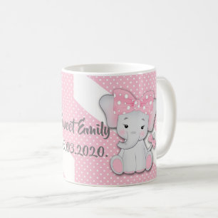 Cute cartoon baby elephant on a pink white polka coffee mug