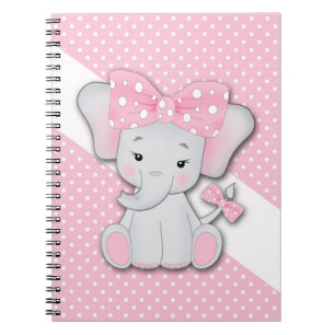 Cute cartoon baby elephant on a pink white polka notebook