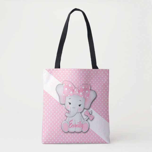 Cute cartoon baby elephant on a pink white polka tote bag (Front)