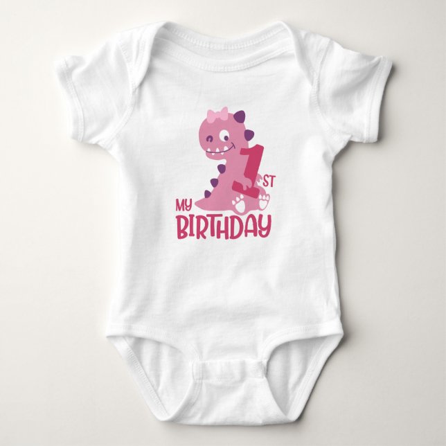 Cute Cartoon Baby Girl Dinosaurs 1st Birthday  Baby Bodysuit (Front)