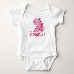Cute Cartoon Baby Girl Dinosaurs 1st Birthday  Bodysuit