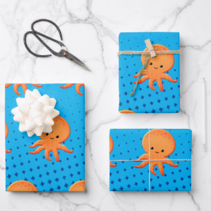 Cute Cartoon Baby Octopus Blue Ocean Wrapping Paper Sheet