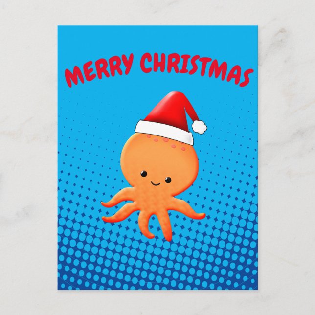 Cute Cartoon Baby Octopus Santas Christmas Hat Holiday Postcard (Front)