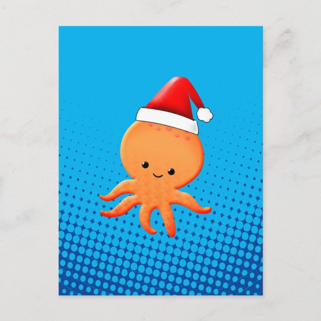 Cute Cartoon Baby Octopus Santas Christmas Hat Holiday Postcard (Front)