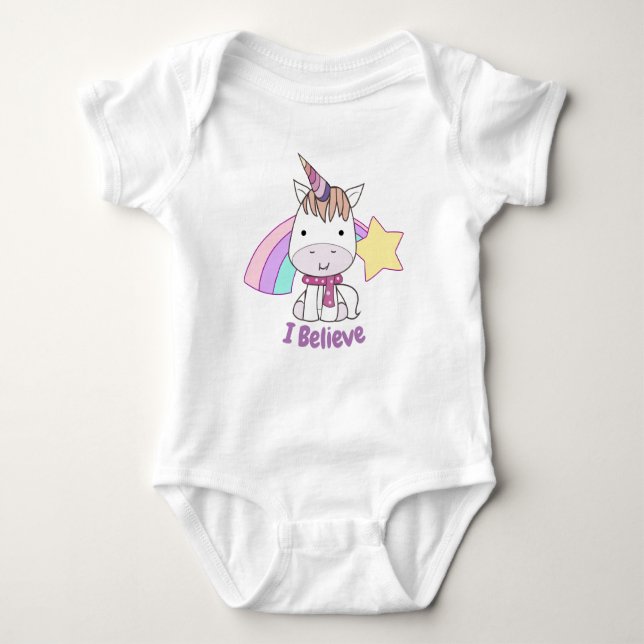 Cute Cartoon Baby Unicorn and Rainbow Bodysuit (Front)